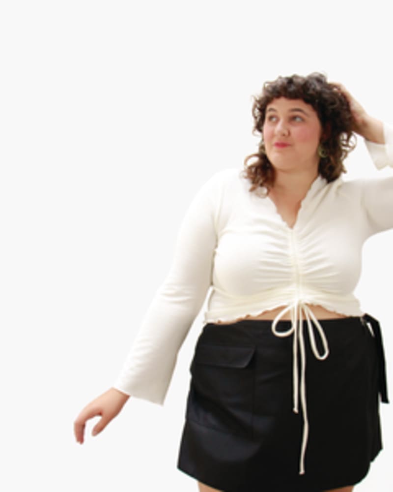 Front of a model wearing a size L Megan Ruched Knit Top in White by Lovefool. | dia_product_style_image_id:249774